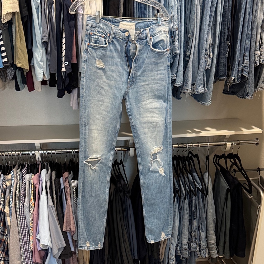 MOTHER Distressed Boyfriend Jeans in Faded Blue